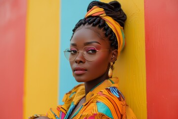 Confident African American woman with colorful attire against a vibrant background