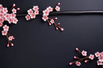 Wall Mural - Banner with pink cherry flowers on black background. Greeting card template for wedding, Mother's or Women's day. Springtime composition with copy space. Flat lay, top view