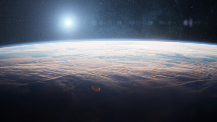 Wall Mural - amazing blue planet earth with clouds in space with stars and sun light, creative idea. space, plane