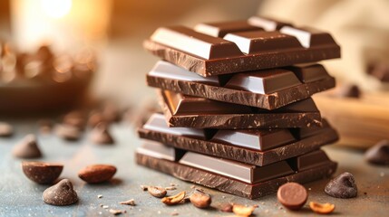 Canvas Print -  a stack of chocolate bars sitting on top of a table next to a bowl of nuts and a wooden spoon.