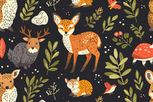 Seamless Vector Pattern With Hand Drawn Woodland Animals, Trees And Leaves. Scandinavian Wild Forest Illustration. Design For Textile, Wallpaper Or Print Design.