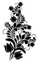 Wall Mural - Floral black decorative ornament on a white background. Pattern of flowers, leaves, curls. Silhouette of a decorative bouquet. Floral design element.