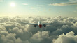 Aircraft soaring amidst billowing clouds. View directly in back, exactly