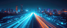 Night Traffic in the city: A bustling scene of cars speeding along city highways under the glow of vibrant trails lights, capturing the dynamic motion and energy of urban life background banner