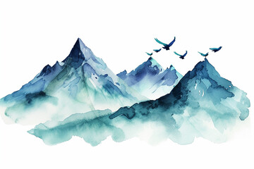 Wall Mural - Abstract blue mountain landscape watercolor background. Nature mountain view wallpaper, beautiful hill painting, natural forest mountain view graphic. Vector illustration