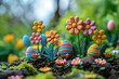 Claymation spring scene with colorful flowers and Easter eggs. Artistic tabletop setup with vibrant clay models. Seasonal springtime display for Easter holiday celebration and decoration design