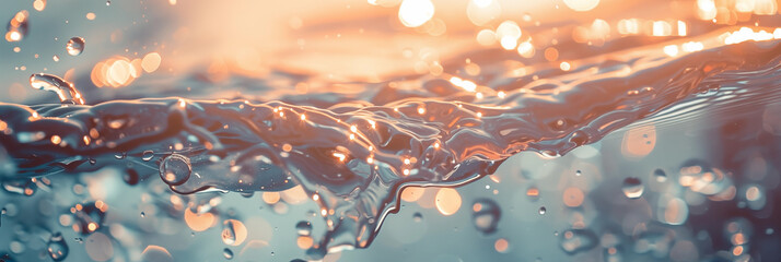 Sunlight filters through a cascade of shimmering water droplets, light and fluidity. Backdrop of light blue quality of the water suspended in a moment of beauty.