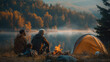 Three generations of men grandfather, father and grandson sit together by the campfire next to the tent in the evening against the background of fog over the river. Concept of Father day