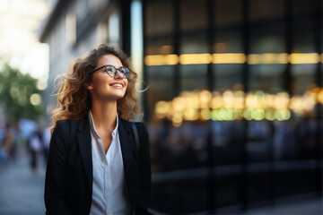 Portrait of a young smiling business woman with glasses on the street of a city. Generative ai image.