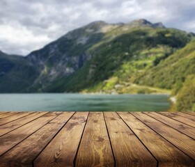 Sticker - The empty blank wooden table with background of mountain.