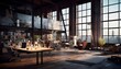 An artsy loft workspace exuding creativity and inspiration, with modern design and eclectic vibes in a trendy urban setting