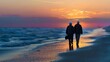 A retired couple walks hand in hand on the beach at sunset, embracing the serenity and love of their golden years together