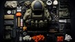 A flat lay photo showcases an array of meticulously arranged military items, creating a graphic and visually striking set