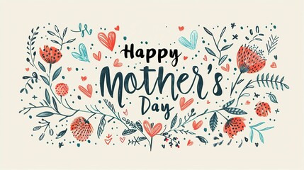 Wall Mural - Happy Mother's Day written in stylish typography with flowers accents hand drawn strokes and dots, heart in pastel colors. Vintage card design in abstract lines painting