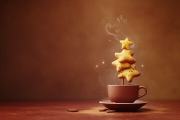 Wall Mural - Christmas tree made of steaming coffee or hot drink with yellow star cookie. Winter holiday concept. Minimal New Year background.