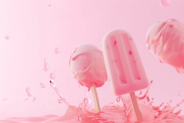 Wall Mural - Colorful Ice cream popsicle on pastel pink background. Minimal summer composition.