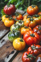 Wall Mural - Ripe colorful tomatoes on a rustic wooden table.