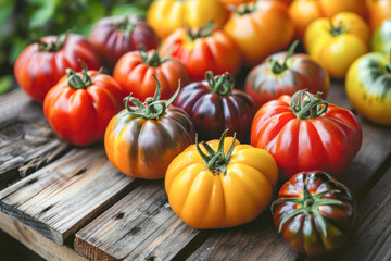 Wall Mural - Ripe colorful tomatoes on a rustic wooden table.