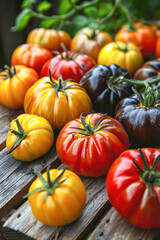 Wall Mural - Ripe colorful tomatoes on a rustic wooden table.