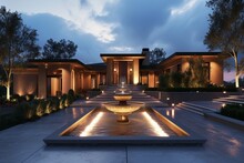 Home Exterior With Water Fountain At Night / Twilight.