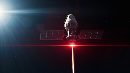 3d graphics of the satellite attacking space object with laser weapon in outer space. political and 