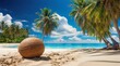 Large coconut on the sandy tropical paradise beach, beautiful blue sky and clear ocean water, palm trees and low clouds. 