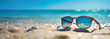Sunglasses on the beach, summer vacation concept with reflection in the mirror. Generative Ai