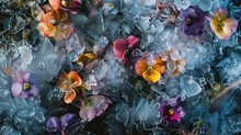 Generative AI, Fresh Wildflowers In The Ice, Background Or Banner With Copy Space	
