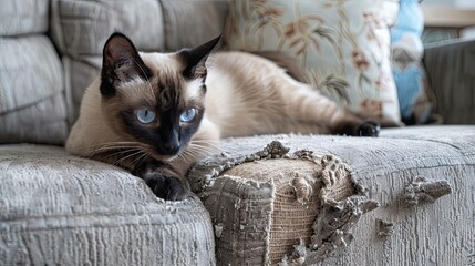 A Siamese cat on a scratched and broken sofa.