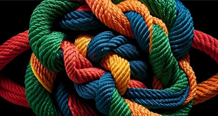 Team rope diverse strength connect partnership together teamwork unity communicate support. Strong diverse network rope team concept integrate braid color background cooperation empower power. 