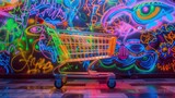 Fototapeta  - Wózek sklepowy przed kolorowym muralem z fluorescencyjnym graffiti, oświetlony neonowymi światłami. 