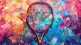 Fototapeta  - Na kolorowym tle mozaikowym leży rakietka tenisowa, która jest głównym przedmiotem zdjęcia. Tło jest bogate w różnorodne kolory i wzory geometryczne.
