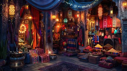 Arabian Nights Bazaar Stage: Bustling marketplace of the ancient East with this vibrant stage, filled with colorful textiles, exotic spices, and ornate lanterns, capturing the magic of Arabian Nights