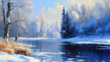 Fototapeta Na ścianę - A painting of a snowy landscape with a river and trees. The mood of the painting is peaceful and serene