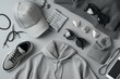 Set of grey casual clothes and accessories