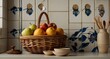 Compose an image of a handsomely arranged fruit basket on a kitchen countertop, with a background that includes kitchen utensils and a cutting board. -AI Generative