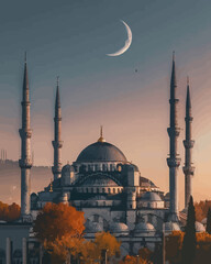 Wall Mural - Mosque in the night sky with full moon.