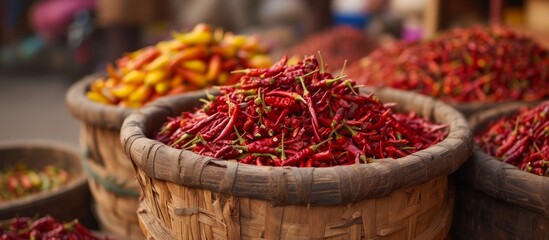 Wall Mural - A rustic basket filled with vibrant red bell peppers on display in a market
