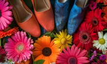 Two Pairs Of Orange And Blue Shoes With Colourful Gerbera Flowers. 