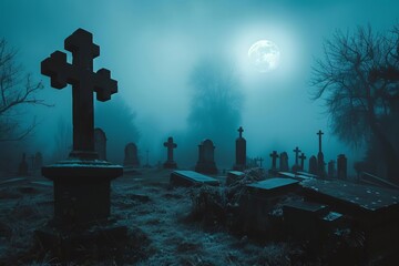 Wall Mural - Foggy graveyard with spooky tombstones under a full moon