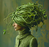 Fototapeta  - Side profile of a woman with string beans as hair in an eco-themed artistic portrait