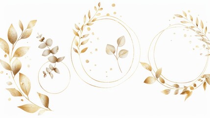 Wall Mural - Luxurious botanical gold wedding frame elements on white background include circle shapes, glitters, eucalyptus leaves, and leaf branches. Suitable for weddings, cards, invitations, and greetings