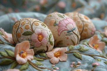 Sticker - Beautifully embroidered Easter linens, enhancing the festive atmosphere with intricate patterns and designs. Concept of Easter embroidery. Generative Ai.