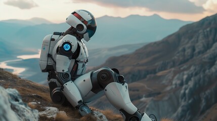 Fototapeta robot siedzący na szczycie góry, promujący spokój i medytację w tle krajobrazu.