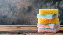 colorful stack of cleaning sponges on wooden surface with copy space