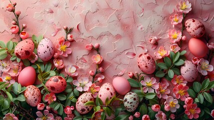 Wall Mural - Colorful Easter eggs in a nest, surrounded by spring flowers and on a soft pink background