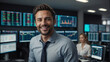 Bellissimo uomo in un ufficio finanziario con vestito elegante	davanti ai monitor con l'andamento del mercato azionario