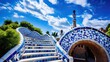 Park Guell in Barcelona, Spain: A Stunning Day in Catalonia with Summer Blue Sky and Gaudi's