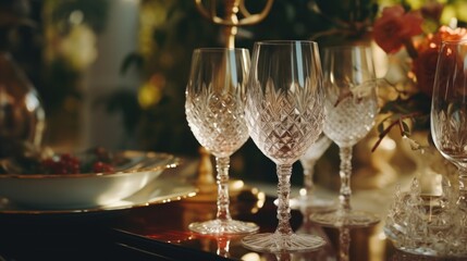 Poster - Close up of wine glasses on a table, suitable for restaurant or celebration concepts