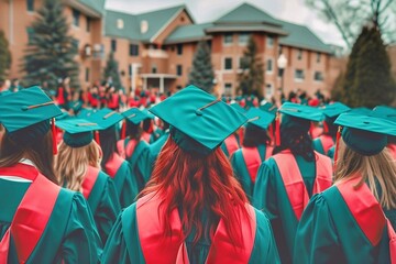 Wall Mural - Back view of graduates in cap and gowns on graduation day outdoors